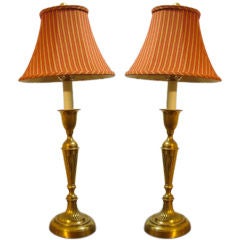 19THC BRASS TALL CANDLESTICK LAMPS W/ CANDYSTRIPE SHADES