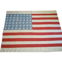 EARLY 20THC FOLKY HAND SEWN FLAG  QUILT