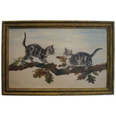 Antique PAIR OF CATS OIL PAINTING ON BOARD W/OLD PAINTED FRAME