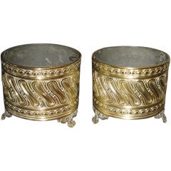 Pair of Brass Repousse Cache Pots with metal liners