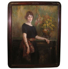 Antique Large Painting of Woman  With Flowers In Front of a Cabinet