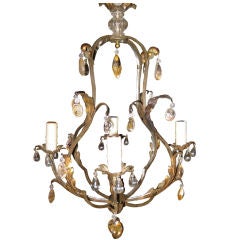 Late 19th C Tole Chandelier with Later Rock Crystal Drops