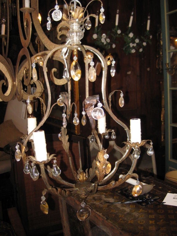 Late 19th C Tole Chandelier with Later Rock Crystal Drops