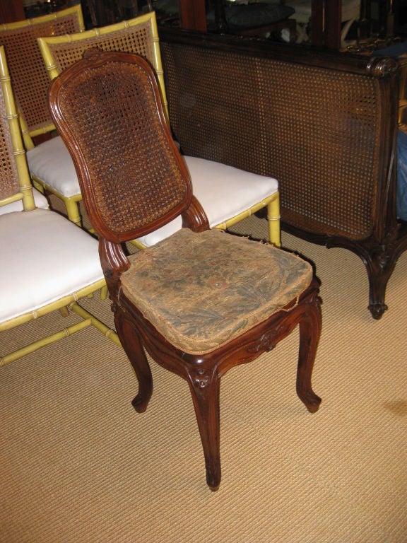 Unusual chair with back the can be adjusted.  This has an original aubusson tapestry which is in bad condition. Great for a vanity or small writing desk.