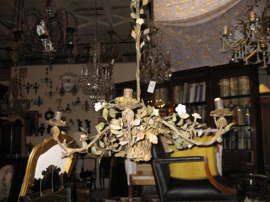 Painted Tole and Porcelain Flower Chandelier