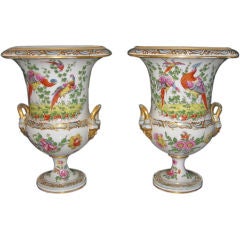 Large Pair of French Porcelain Urns with Birds and Flowers
