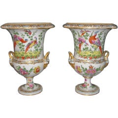 Large Pair of French Porcelain Urns with Birds and Flowers