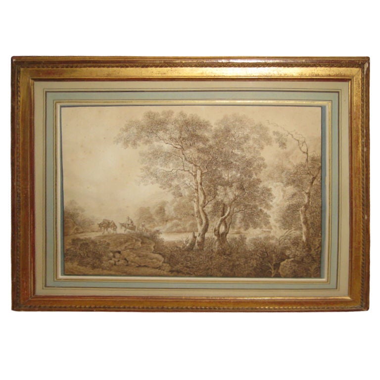 Large landscape drawing in later giltwood frame   the actual drawing is 17.5