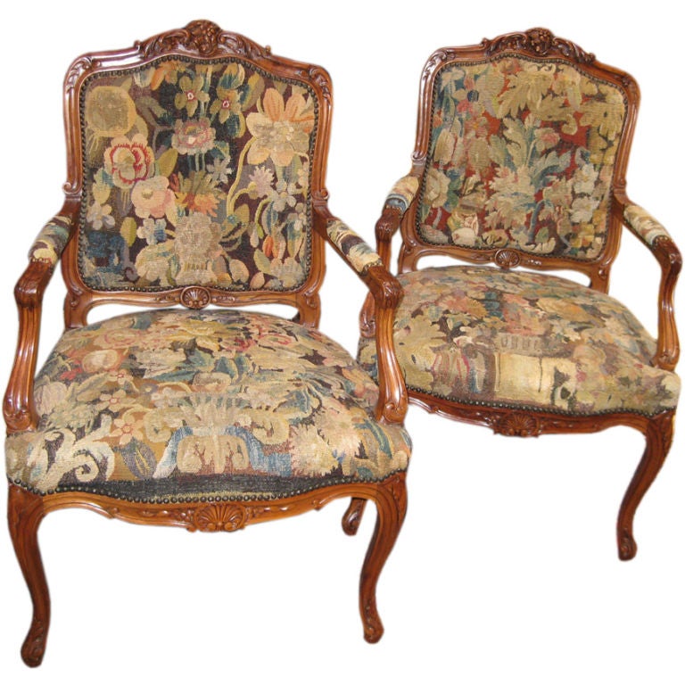 Charming Pair of Tapestry Covered Continental Arm Chairs For Sale