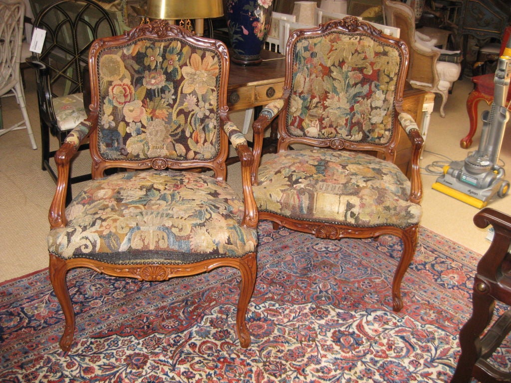 20th Century Charming Pair of Tapestry Covered Continental Arm Chairs For Sale
