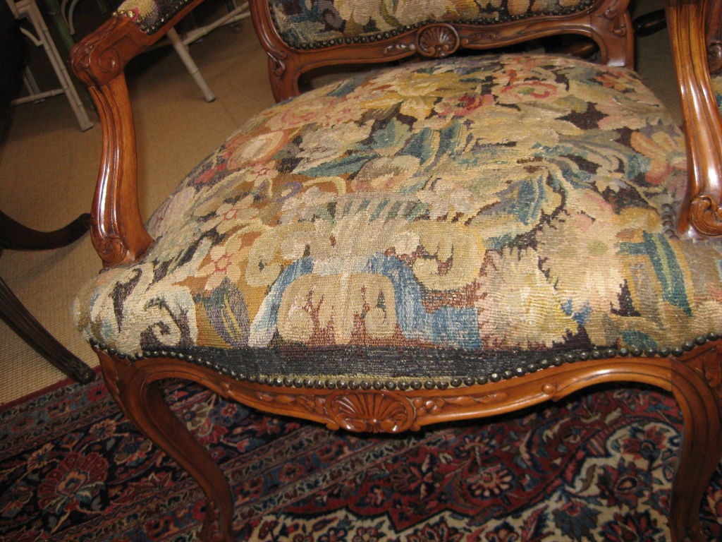 Fruitwood Charming Pair of Tapestry Covered Continental Arm Chairs For Sale