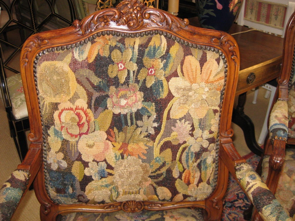 Charming Pair of Tapestry Covered Continental Arm Chairs For Sale 1