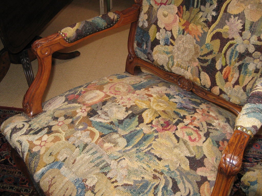 Charming Pair of Tapestry Covered Continental Arm Chairs For Sale 2