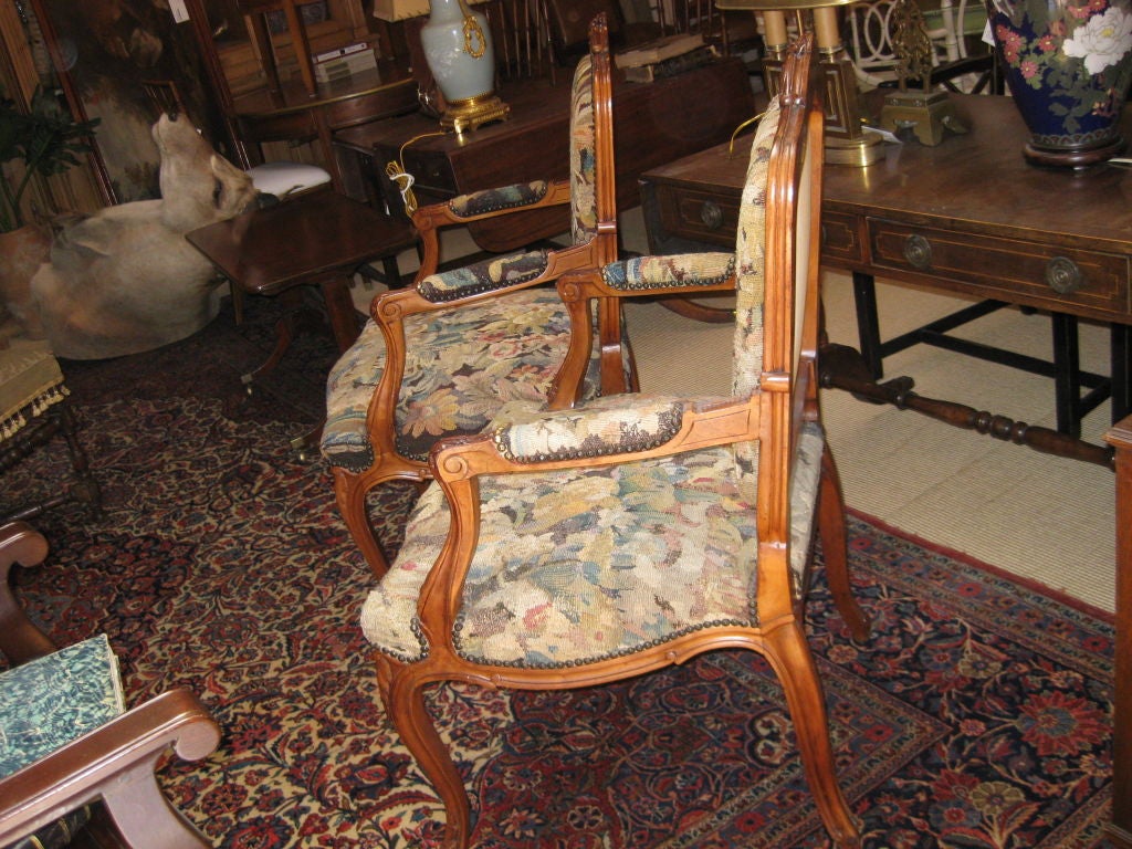 Charming Pair of Tapestry Covered Continental Arm Chairs For Sale 4