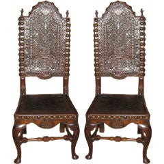 Pair of 18th C Portuguese High Back Chairs In Leather