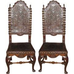 Pair of 18th C Portuguese High Back Chairs In Leather