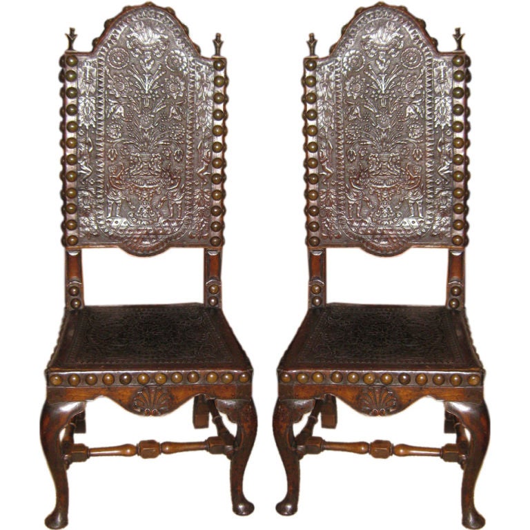 Pair of 18th C Portuguese High Back Chairs In Leather