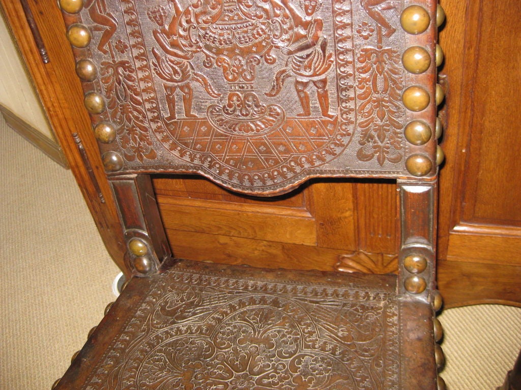 Pair of 18th C Portuguese High Back Chairs In Leather 2