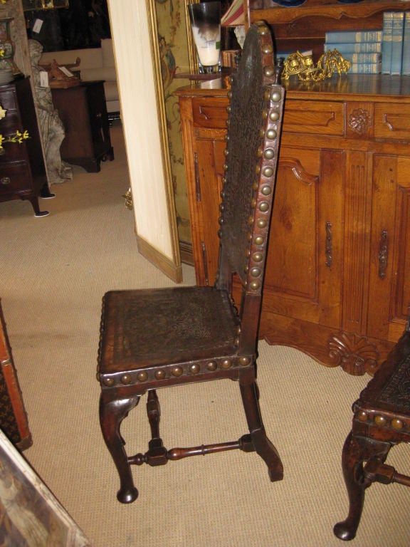 Pair of 18th C Portuguese High Back Chairs In Leather 3