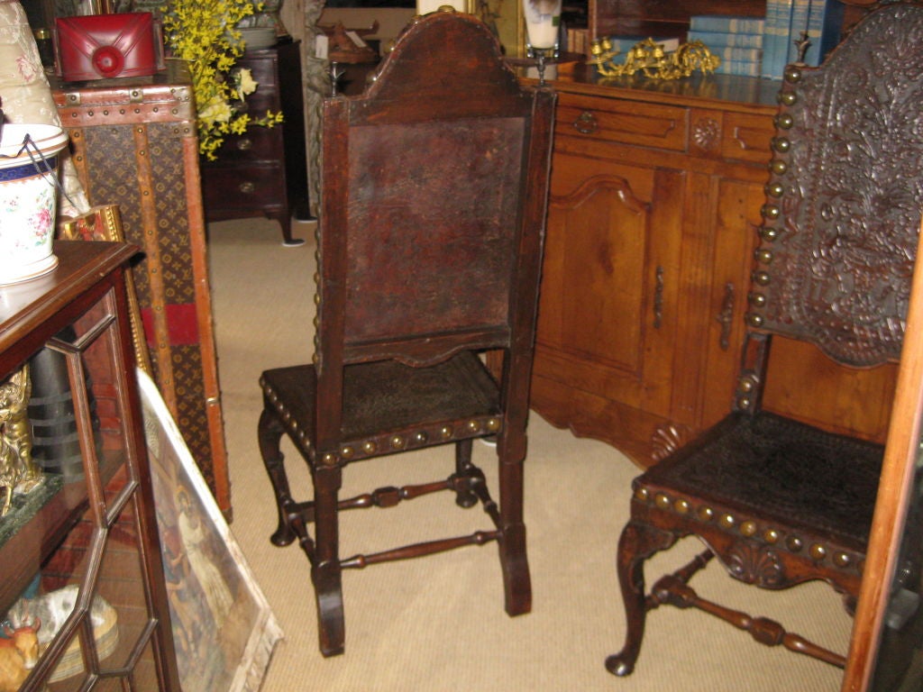 Pair of 18th C Portuguese High Back Chairs In Leather 4