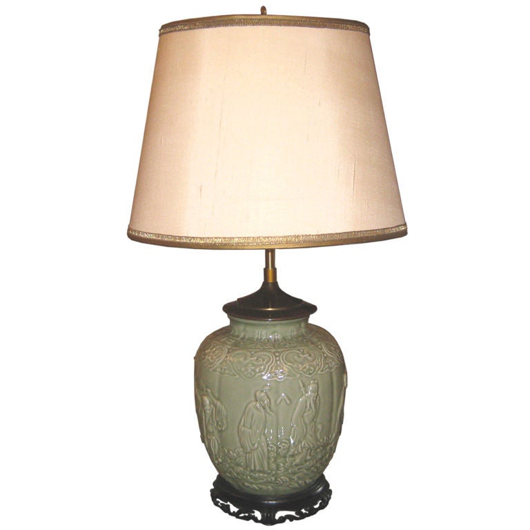 Asian Style Celedon Lamp With Figures For Sale