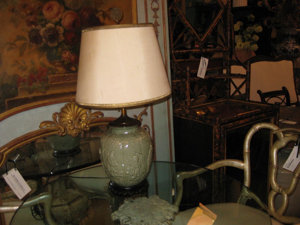 Porcelain Asian Style Celedon Lamp With Figures For Sale