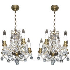 Pair of Small Early 20th C Bronze Murano Drop Chandeliers