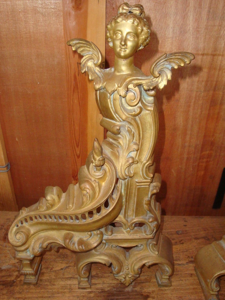 Figural Gilt Brass Chenets with Center Rail Fireplace Fender