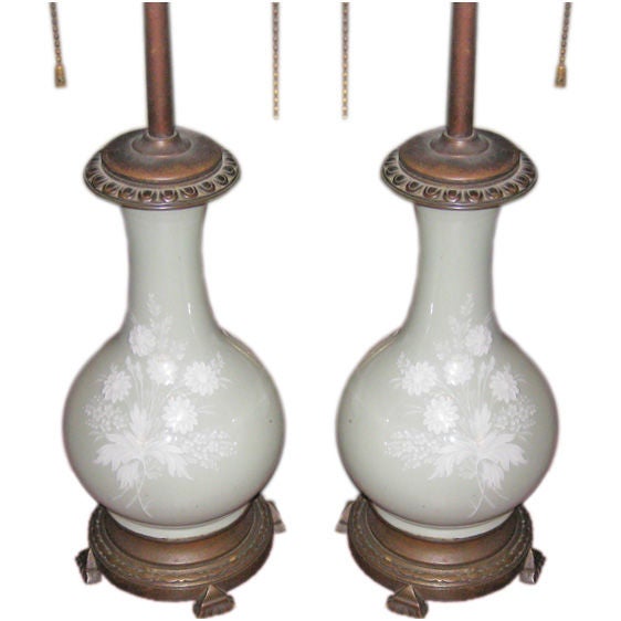 Small Pair of Antique French Pate-Sur-Pate Lamp Bases For Sale
