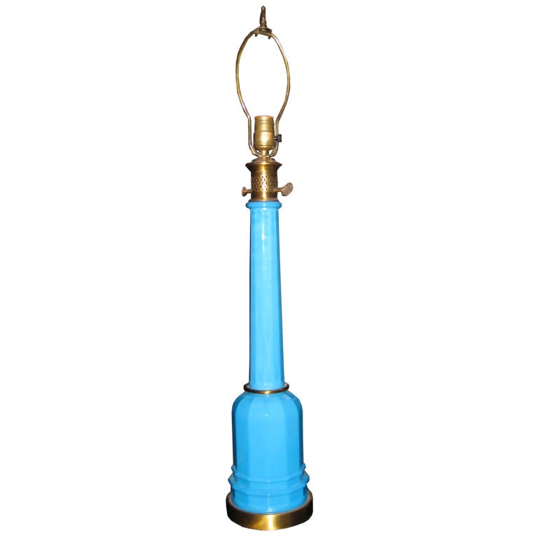 Large Blue Italian Opaline Glass Lamp For Sale