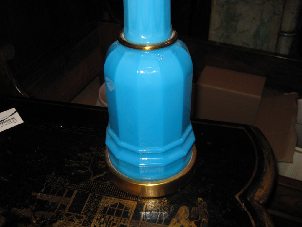 Great looking Italian blue glass lamp designed like an antique oil lamp.
