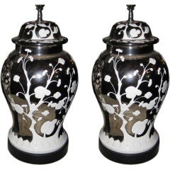 Retro Pair of 20th C Asian Influenced Italian Mercury Ginger Jar Lamps