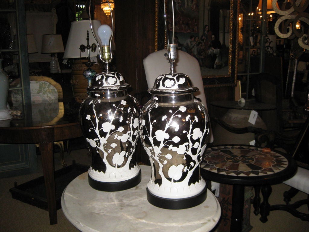 Pair of 20th C Asian Influenced Italian Mercury Ginger Jar Lamps