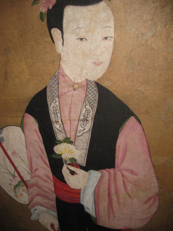 Highly decorative late 18th or early 19th C Chinese painting of a woman.  This is on paper laid on canvas.