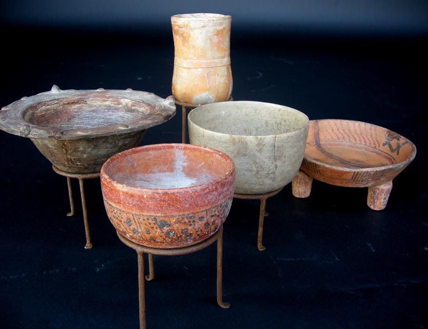 Various terracotta vases and bowls on contemporary iron stands. SOme are painted with intricate decorations and all have beautiful patina. Sold separately
FOR OUR COMPLETE INVENTORY PLEASE GO TO www.dosgallos.com