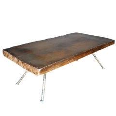 Antique Wide Plank Coffee Table With Iron Legs