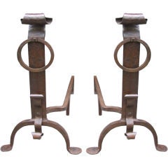 Pair of Arts & Crafts Scroll Top and Ring Andirons
