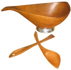 Large Emil Milan Teak and Sterling Bowl and Serving Spoons