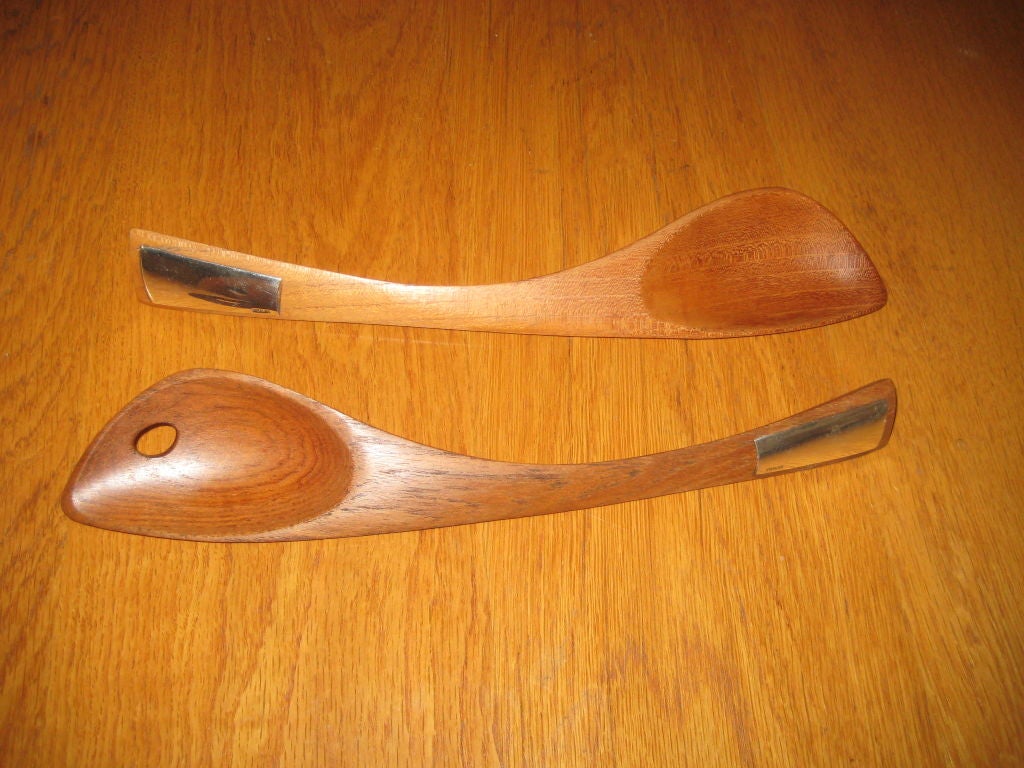 American Large Emil Milan Teak and Sterling Bowl and Serving Spoons