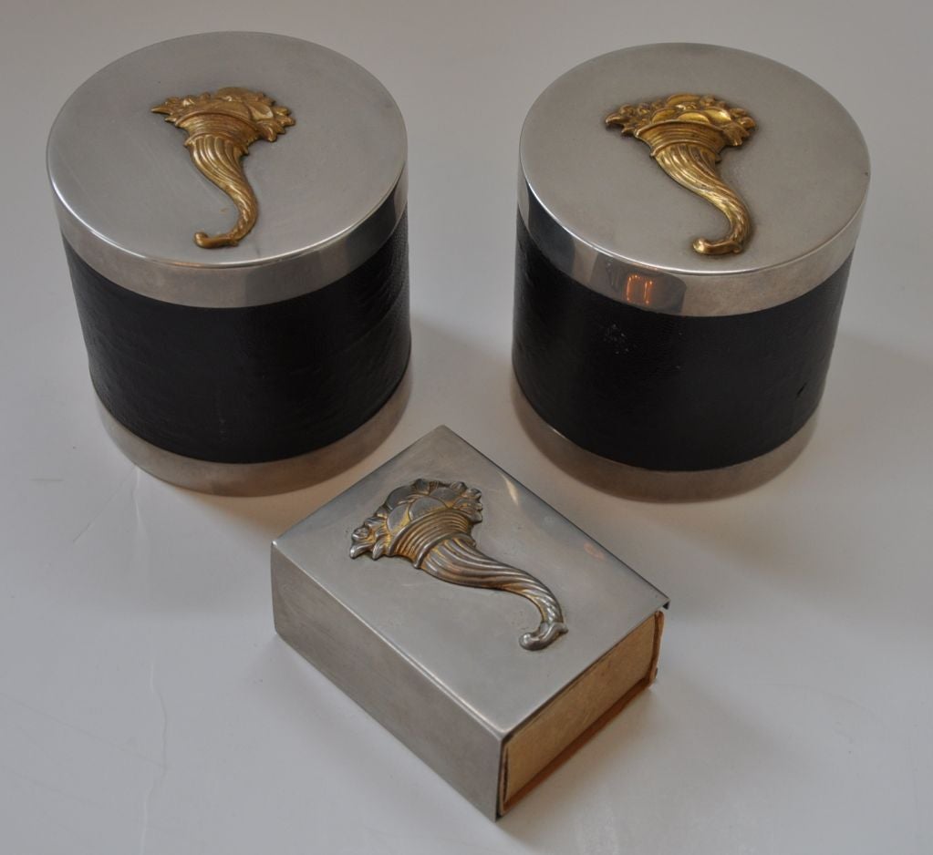 Smoke Set in nickel, gold wash and black leather, Hermes, France.