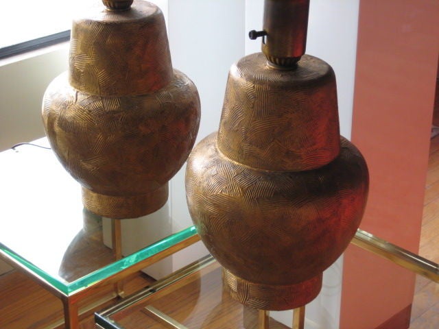 Mid-20th Century Pair of Gilded Wood Lamps by James Mont For Sale