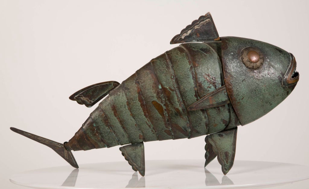 A unique copper and sterling silver hand hammered fish sculpture by jewelry maker Grazielle Laffi, signed on the tail “PERU G. LAFFI”. Peruvian, circa 1950.