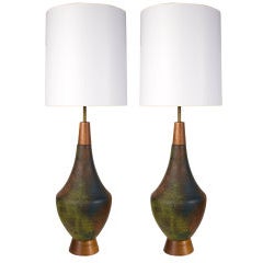 Pair of Tall Raku Glaze Ceramic Amphora Table Lamps by Raymor 7