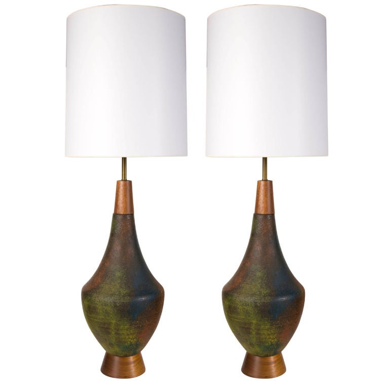 Pair Of Tall Raku Glaze Ceramic Amphora Table Lamps By Raymor