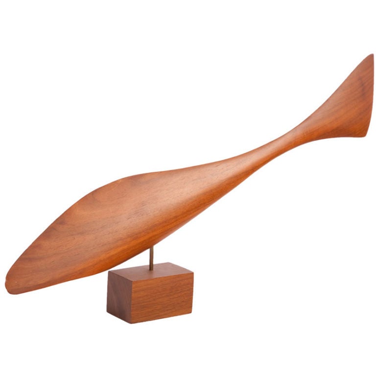 Graceful Carved Walnut Fish Sculpture by Emilan