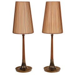 Pair of Walnut and Brass Bedside Table Lamps by Lightolier
