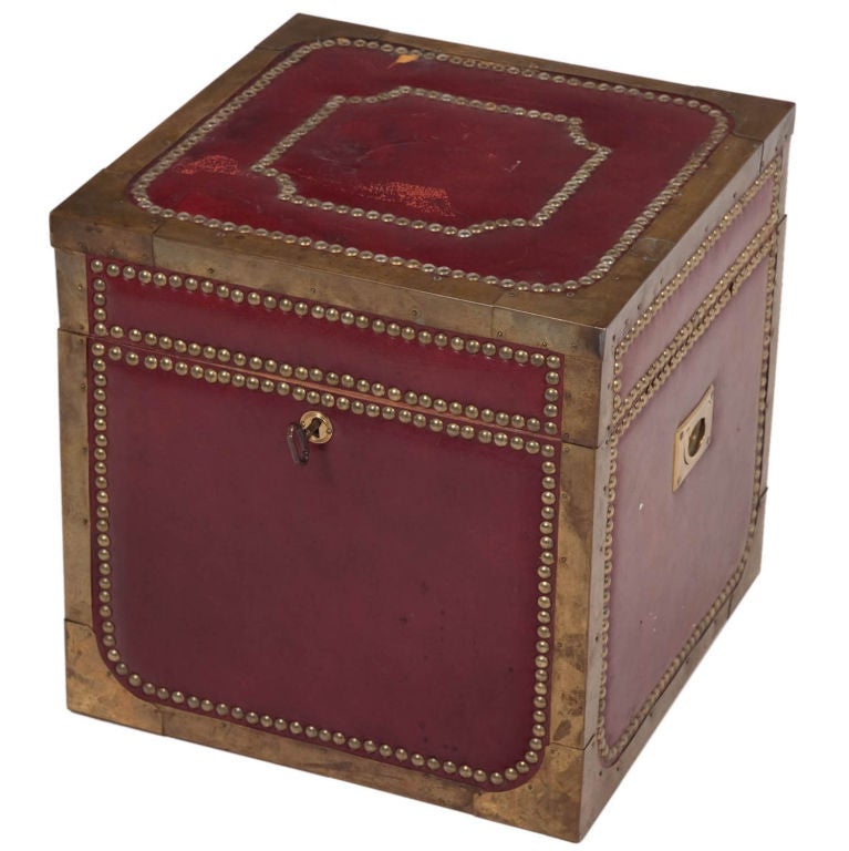 Italian Crimson Leather and Studded Metal Strong Box