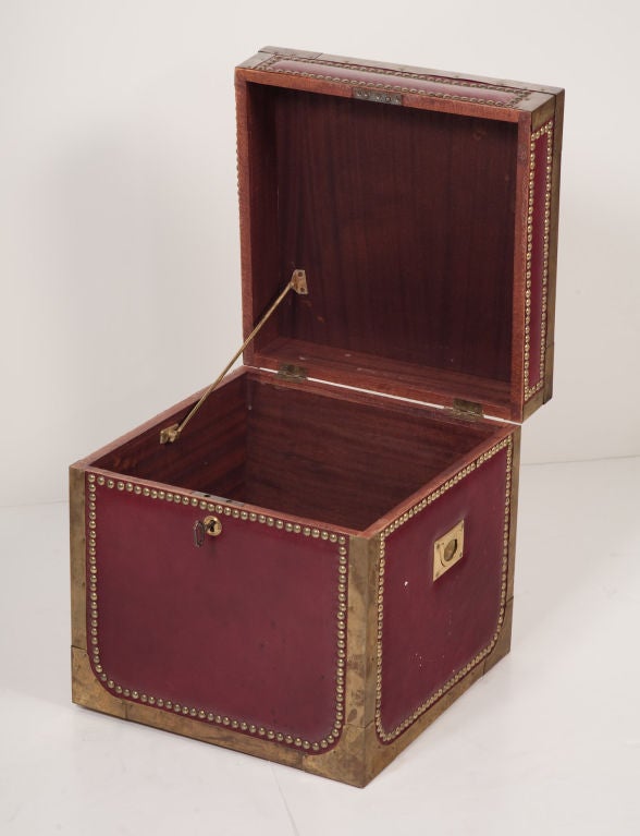 Mid-20th Century Italian Crimson Leather and Studded Metal Strong Box