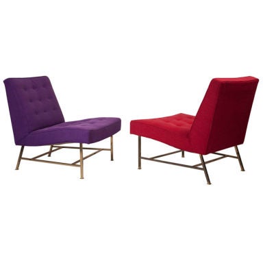 Graceful Pair Of Brass Base Slipper Chairs By Harvey Probber