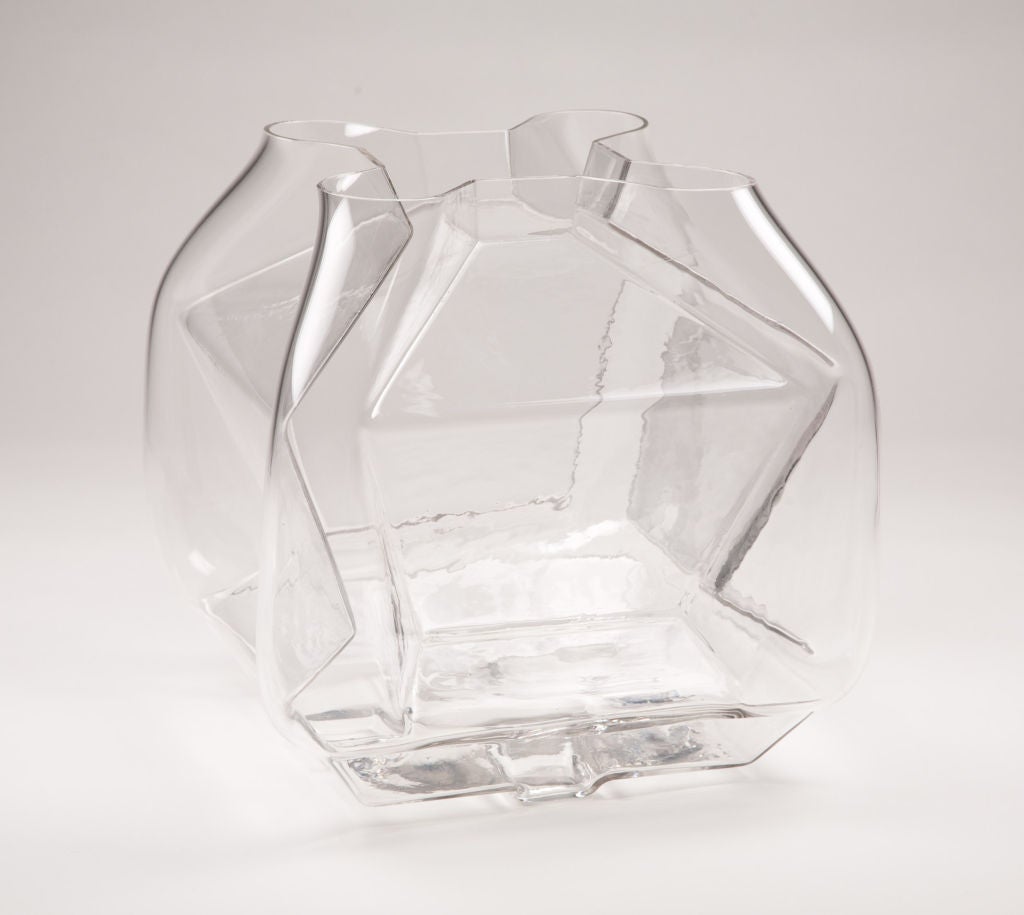 A beautiful mold-blown clear glass vase in an idiosyncratic square shape with rounded corners. Labeled VeArt Scorzè Venezia (Italy). By Toni Zuccheri for VeArt. Italian, circa 1970.